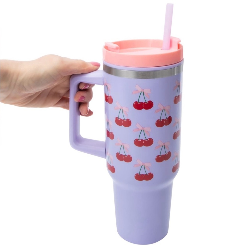 NEW 40 oz.Purple Cherry Print Tumbler with handle, straw & lid.